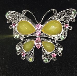 Vintage-Inspired Butterfly Brooch with Green and Pink Gems